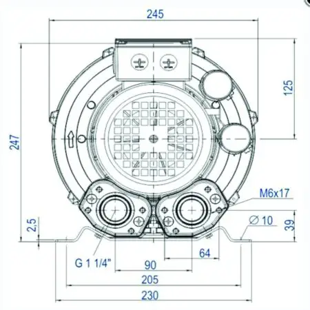 A imagem do Compressor Radial ,provavelmente exibe um equipamento compacto e robusto, com estrutura em alumínio injetado para maior resistência e vedação. Ele possui um design industrial, com entrada e saída de ar bem definidas, além de aletas ou aberturas para dissipação térmica. Seu formato é otimizado para garantir eficiência no fluxo de ar e minimizar ruídos e vibrações. Ideal para aplicações na aquicultura e indústria, o soprador se destaca pela sua construção durável e acabamento de alta qualidade.