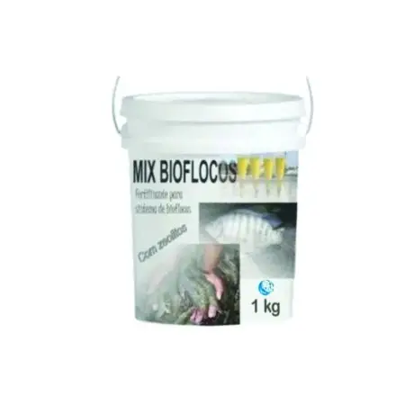 a imagem tem o nome do produto que é mix bioflocos, um peixe e camarão, mostrando que o produto serve para as duas produções.E a frase contém zeolitas.